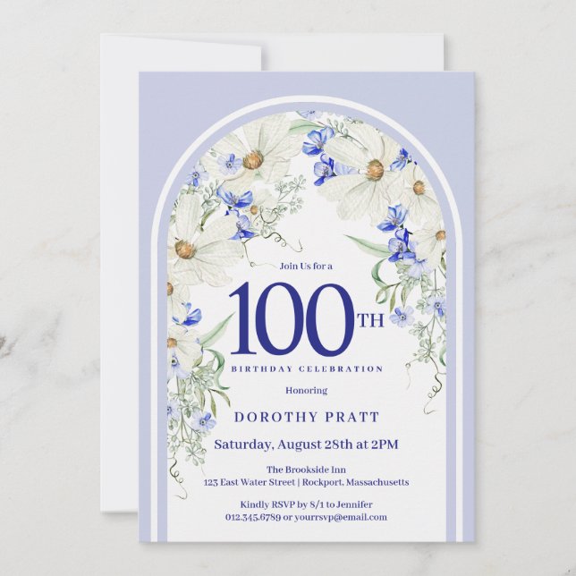 Blue White Floral Boho Arch 100th Birthday Party Invitation (Front)