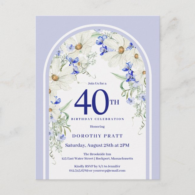 Blue White Floral Boho Arch 40th Birthday Party Postcard (Front)