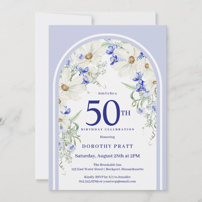 Blue White Floral Boho Arch 50th Birthday Party Invitation (Front)