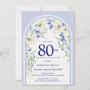 Blue White Floral Boho Arch 80th Birthday Party Invitation