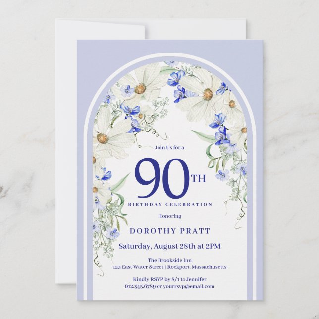 Blue White Floral Boho Arch 90th Birthday Party Invitation (Front)