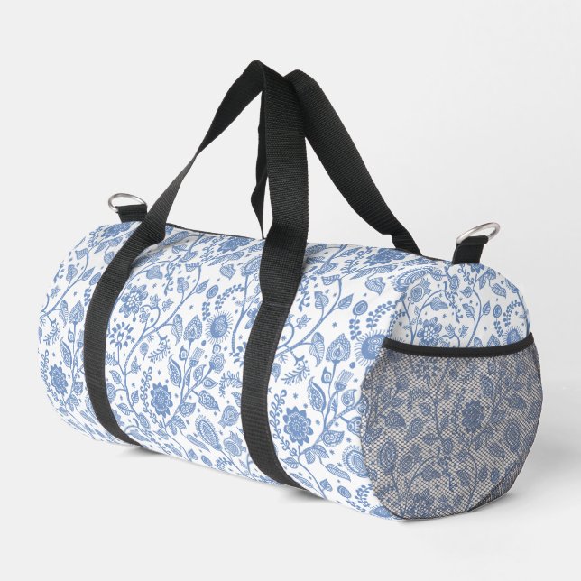 Blue White Floral Boho Botanical Pattern Whimsical Duffle Bag (Right Corner)