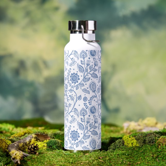 Blue White Floral Boho Botanical Pattern Whimsical Water Bottle (Outdoor (Rotated))