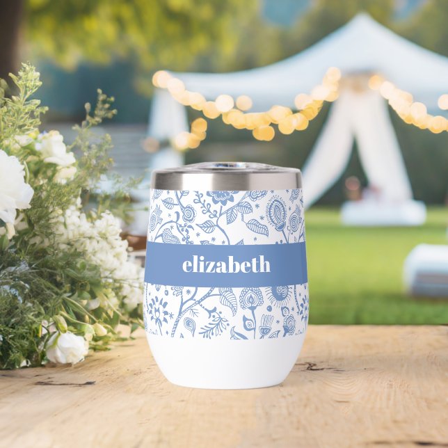 Blue White Floral Botanical Pattern Custom Name (Wedding (Rotated))