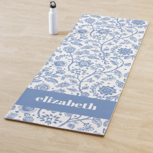 Blue White Floral Botanical Pattern Custom Name Yoga Mat
