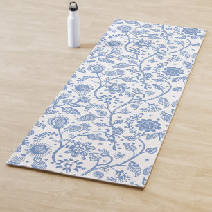 Blue White Floral Botanical Pattern Whimsical Boho Yoga Mat
