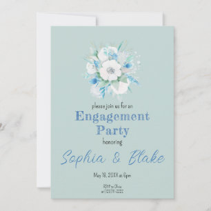 Blue & White Floral Bouquet Green Engagement Party Invitation