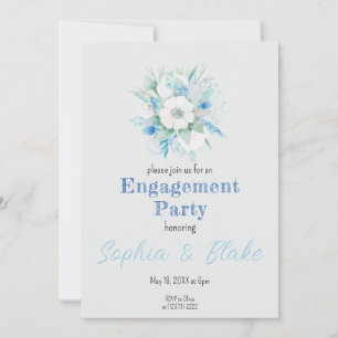 Blue & White Floral Bouquet Grey Engagement Party Invitation
