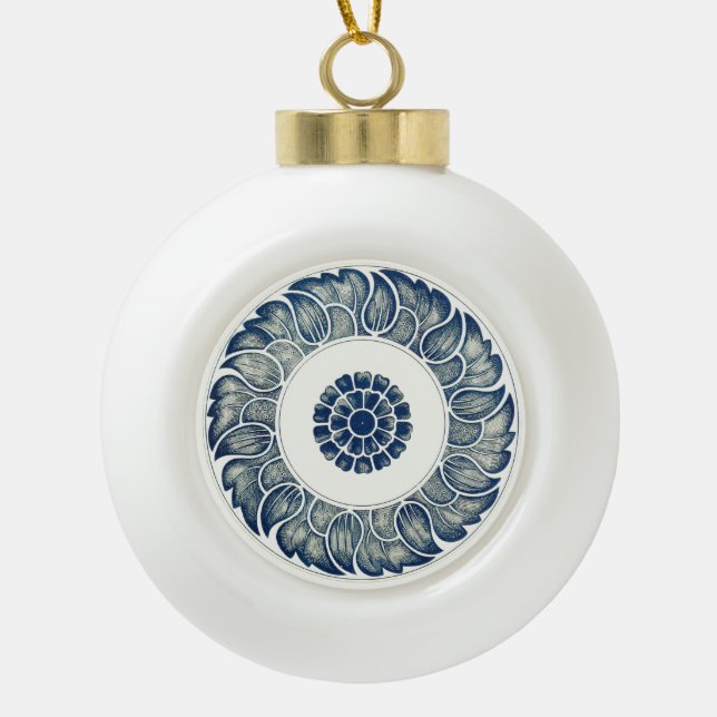Blue White Floral Chinese Round Ceramic Ball Christmas Ornament (Front)