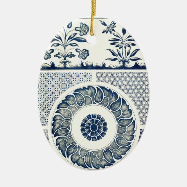 Blue White Floral Chinese Round Ceramic Tree Decoration (Front)