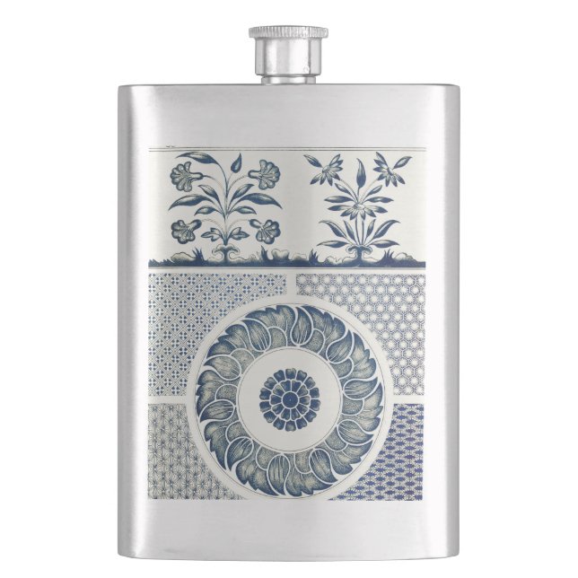 Blue White Floral Chinese Round Hip Flask (Front)