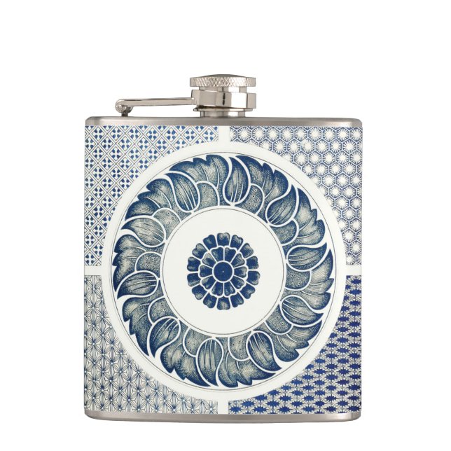 Blue White Floral Chinese Round Hip Flask (Front)
