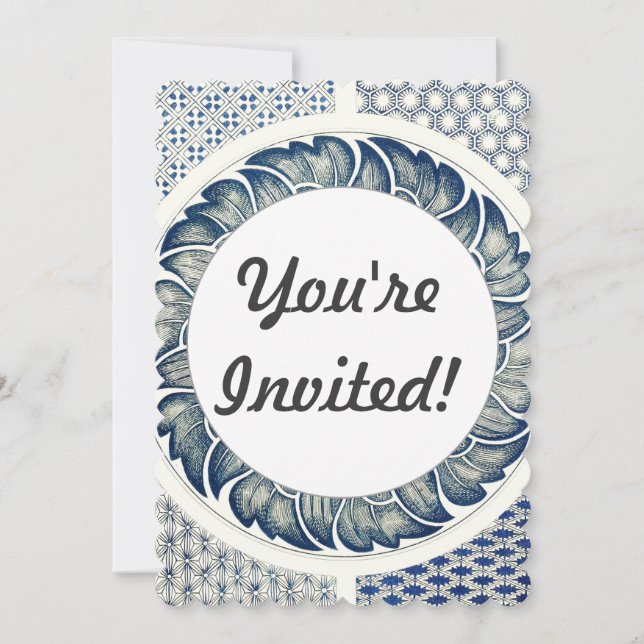 Blue White Floral Chinese Round Invitation (Front)