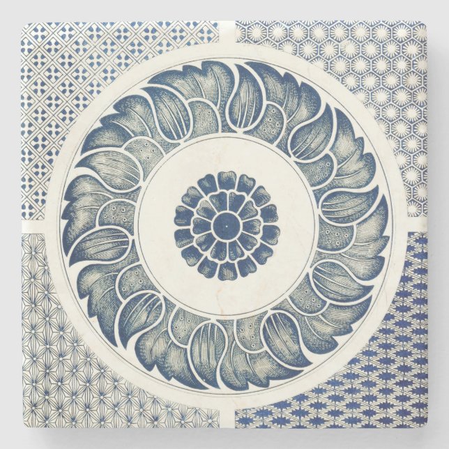 Blue White Floral Chinese Round Stone Coaster (Front)