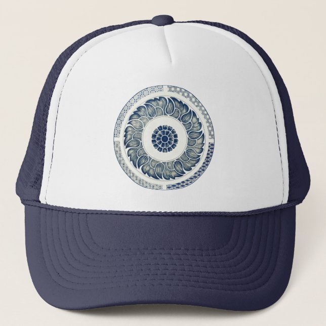 Blue White Floral Chinese Round Trucker Hat (Front)