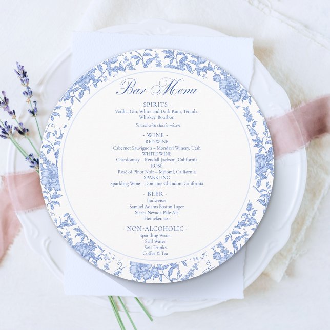 Blue White Floral Chinoiserie Wedding Dinner Round Menu (Creator Uploaded)