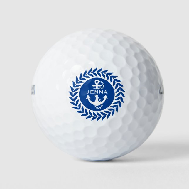 Blue & White Floral Circle & Nautical Anchor Golf Balls (Front)