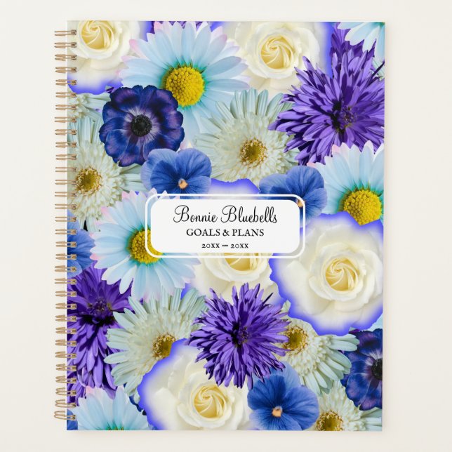 Blue & White Floral Collage Big Bold Personalised Planner (Front)
