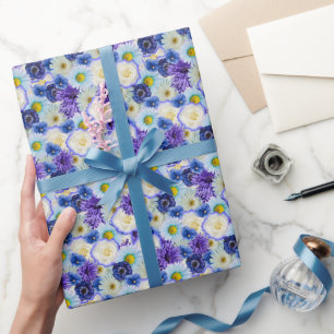 Blue White Floral Collage Bridal Shower Party  Wrapping Paper