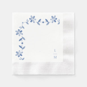 Blue & White Floral Couple Initials Wedding  Napkin