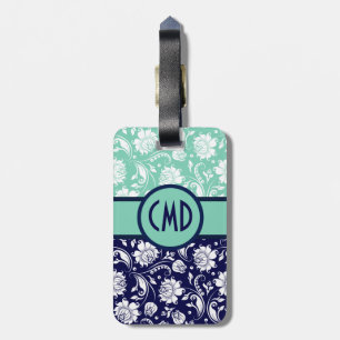 Blue & White Floral Damask Teal Accents Luggage Tag