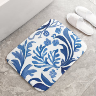 Blue & White Floral Design   Chinoiserie Pattern Bath Mat