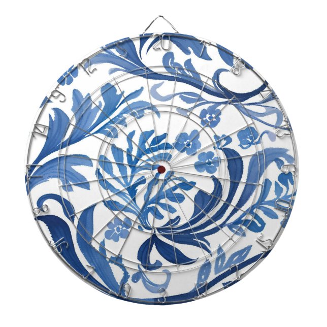 Blue & White Floral Design | Chinoiserie Pattern Dartboard (Front)