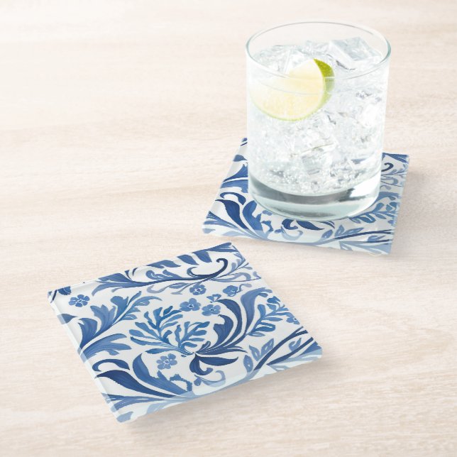 Blue & White Floral Design | Chinoiserie Pattern Glass Coaster (Angled)