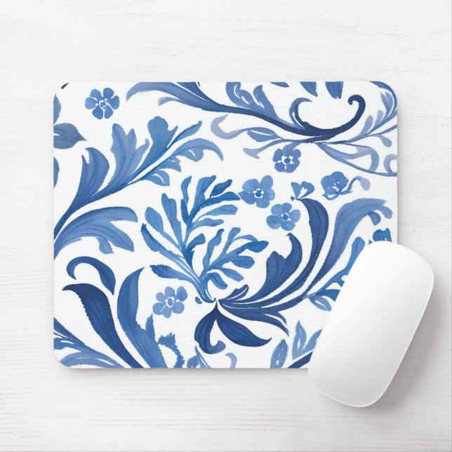 Blue & White Floral Design | Chinoiserie Pattern Mouse Pad (With Mouse)