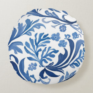 Blue & White Floral Design   Chinoiserie Pattern Round Cushion