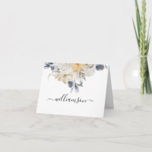 Blue & White Floral Design with Last Name Note Card