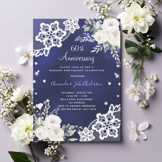 Blue white floral diamond 60th wedding anniversary invitation (Creator Uploaded)
