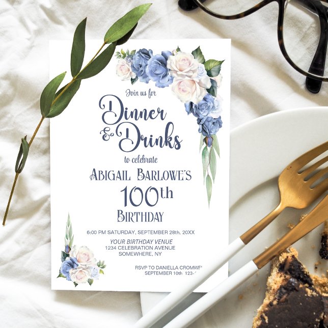 Blue White Floral Dinner and Drinks 100th Birthday Invitation (Creator Uploaded)