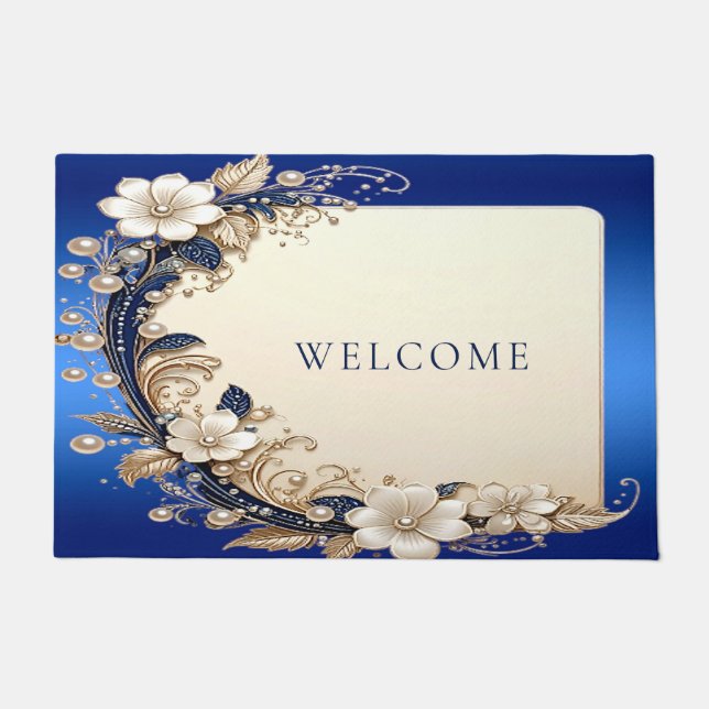 Blue White Floral Doormat (Front)