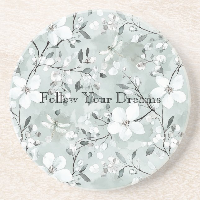 Blue White Floral Dragonflies Coaster (Front)