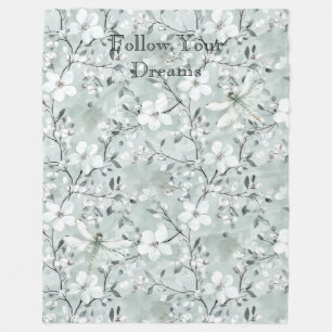 Blue White Floral Dragonflies Fleece Blanket