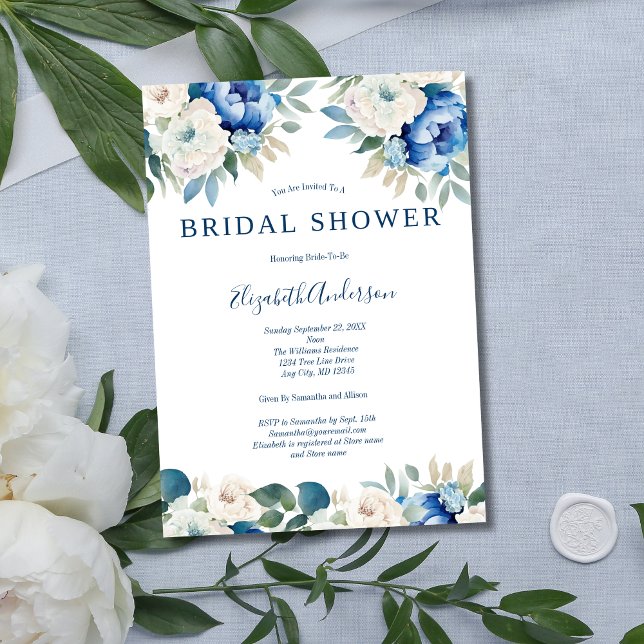 Blue White Floral Elegant Bridal Shower Invitation (Elegant Modern Blue White Floral Flowers Greenery Bridal Shower Invitation)