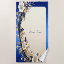 Blue White Floral Embellishment Beach Towel