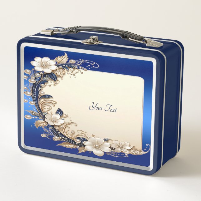 Blue White Floral Embellishment Lunch box (Front)