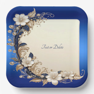 Blue White Floral Embellishment Paper Plate
