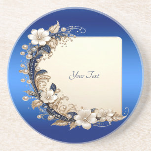 Blue White Floral Embellishment Sandstone Coaster