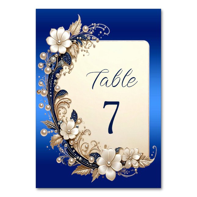 Blue White Floral Embellishment Table Number (Front)