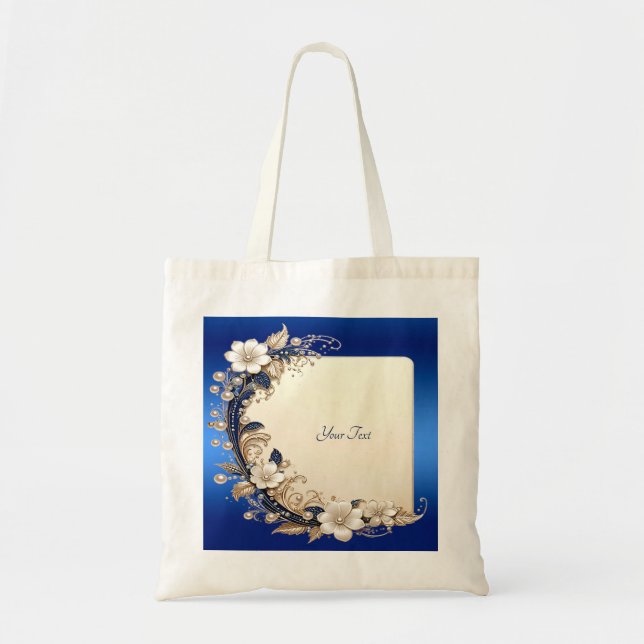 Blue White Floral Embellishment Tote Bag (Front)