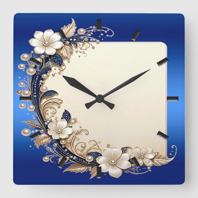 Blue White Floral Embellishment Wall Clock (Front)