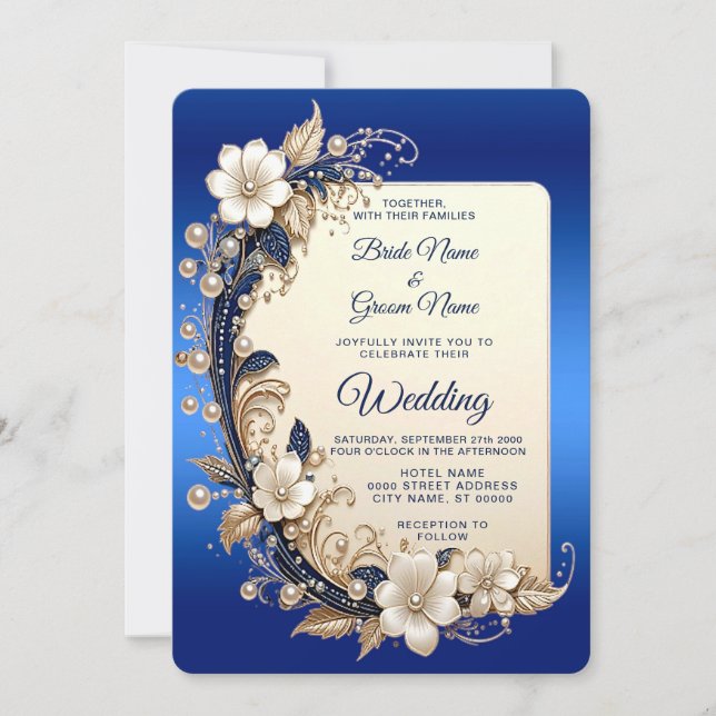 Blue White Floral Embellishment Wedding Invitation (Front)
