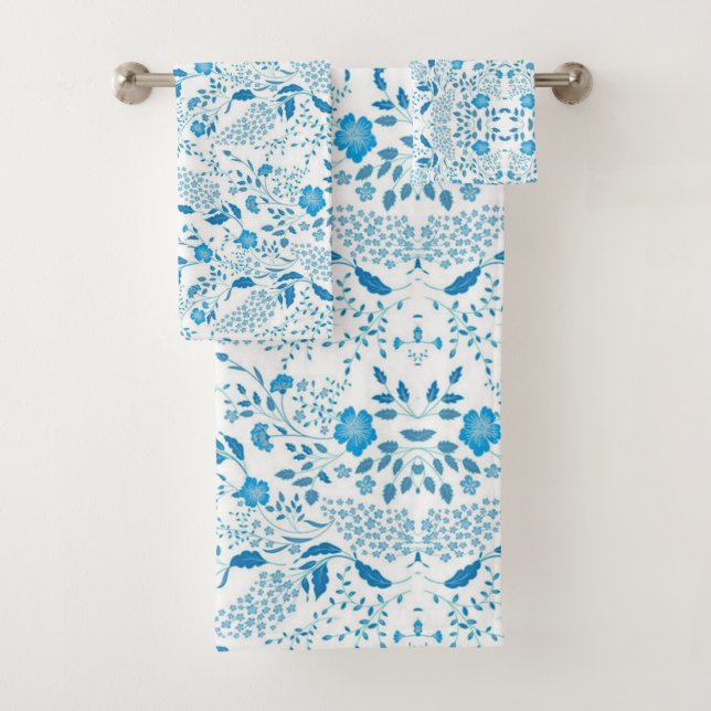 Blue White Floral Embroidery Style Pattern Bath Towel Set (Insitu)