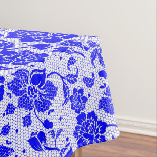 Blue white floral flower honeycomb cotton dining tablecloth