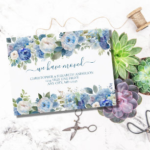 Blue White Floral Flowers Script Moving Announcement Postcard