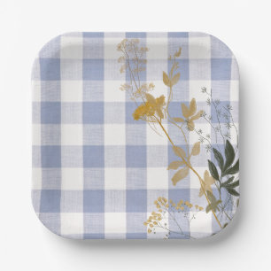 Blue White Floral Gingham Plaid Country Farmhouse Paper Plate