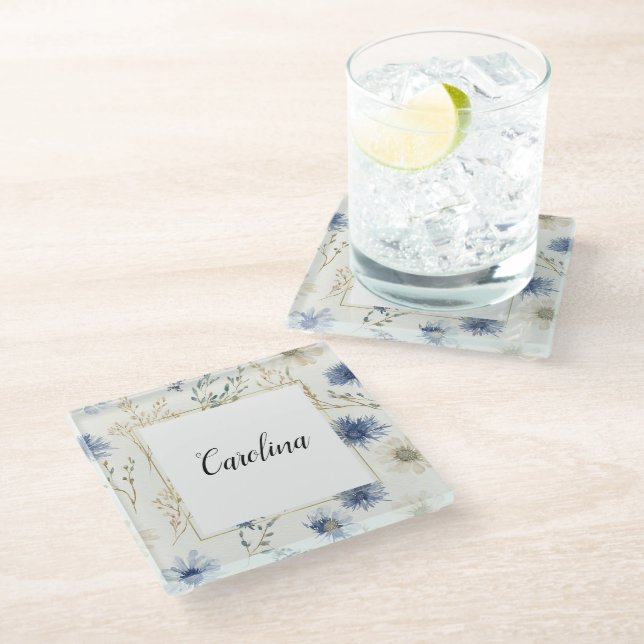 Blue White Floral   Glass Coaster (Angled)